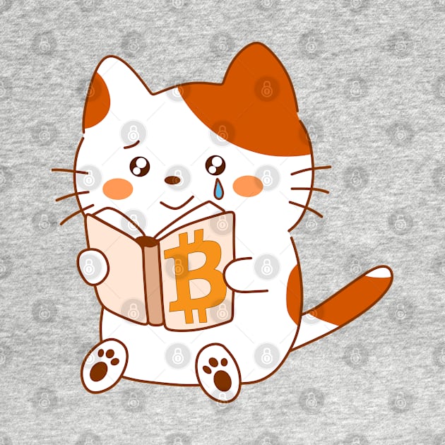 Cute kawaii cat discovers the beauty of Bitcoin, reading a book with a tear of joy by Babush-kat